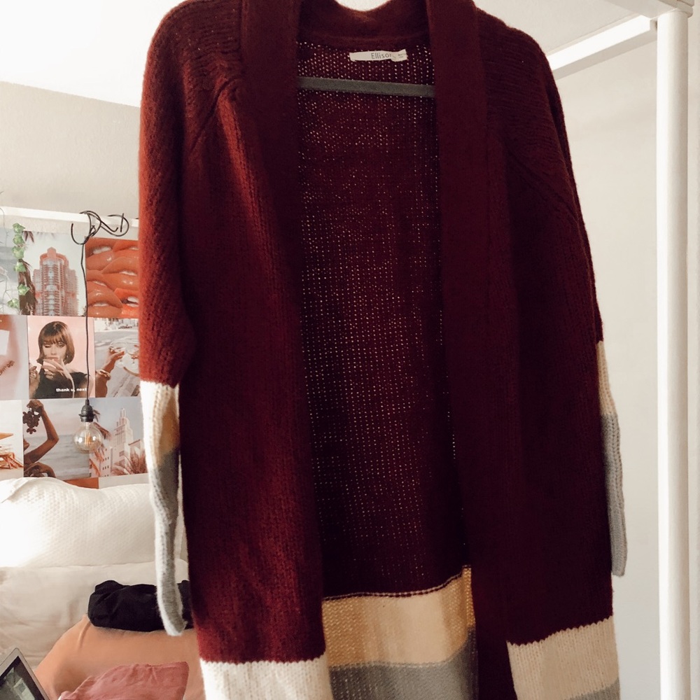 Maroon, gray and white cardigan sweater
